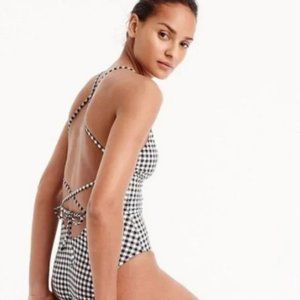 J. Crew Black & White Lace-up Swimsuit In Matte Gingham